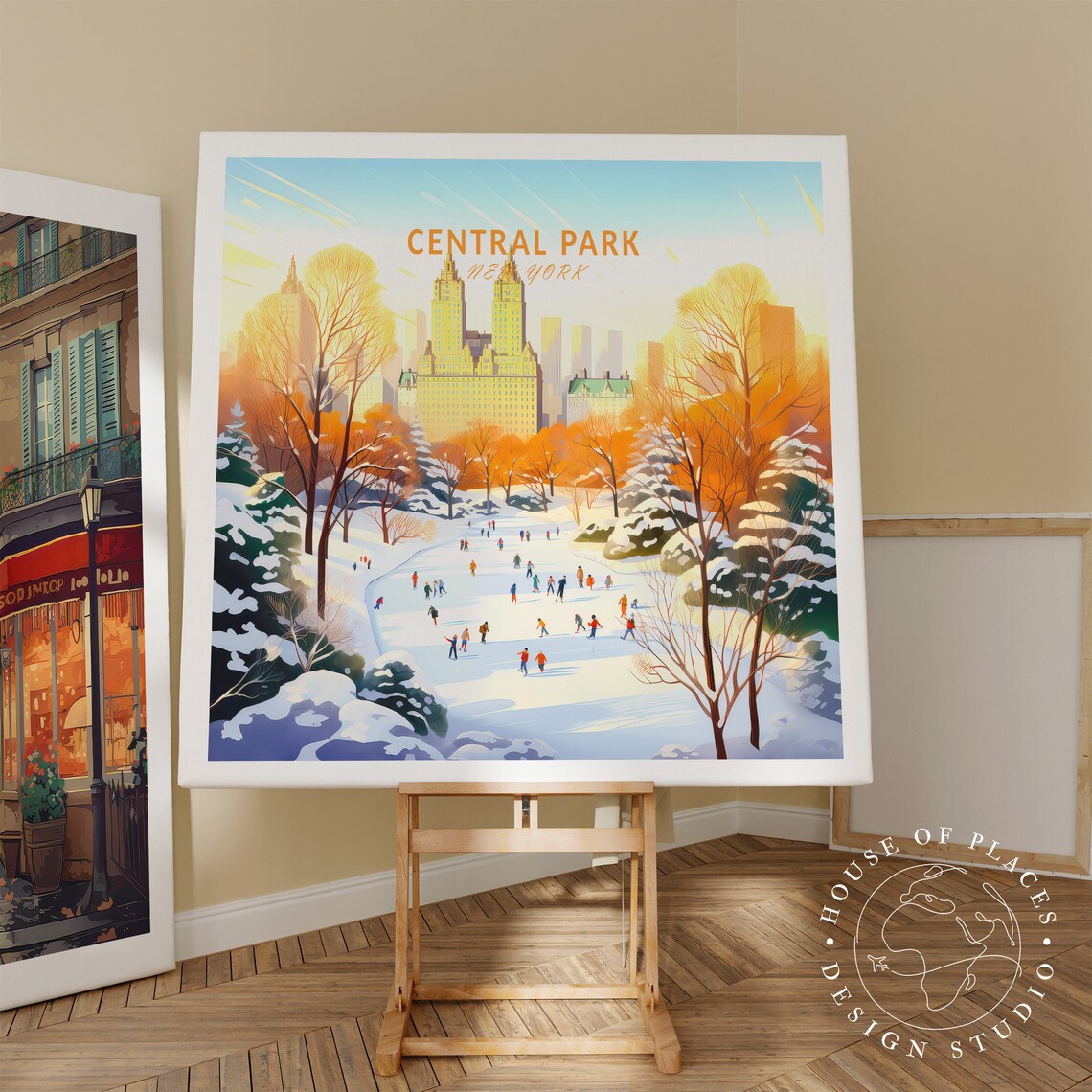 Golden Central Park New York Winter Ice Skaters Snow Travel Poster - Image 2