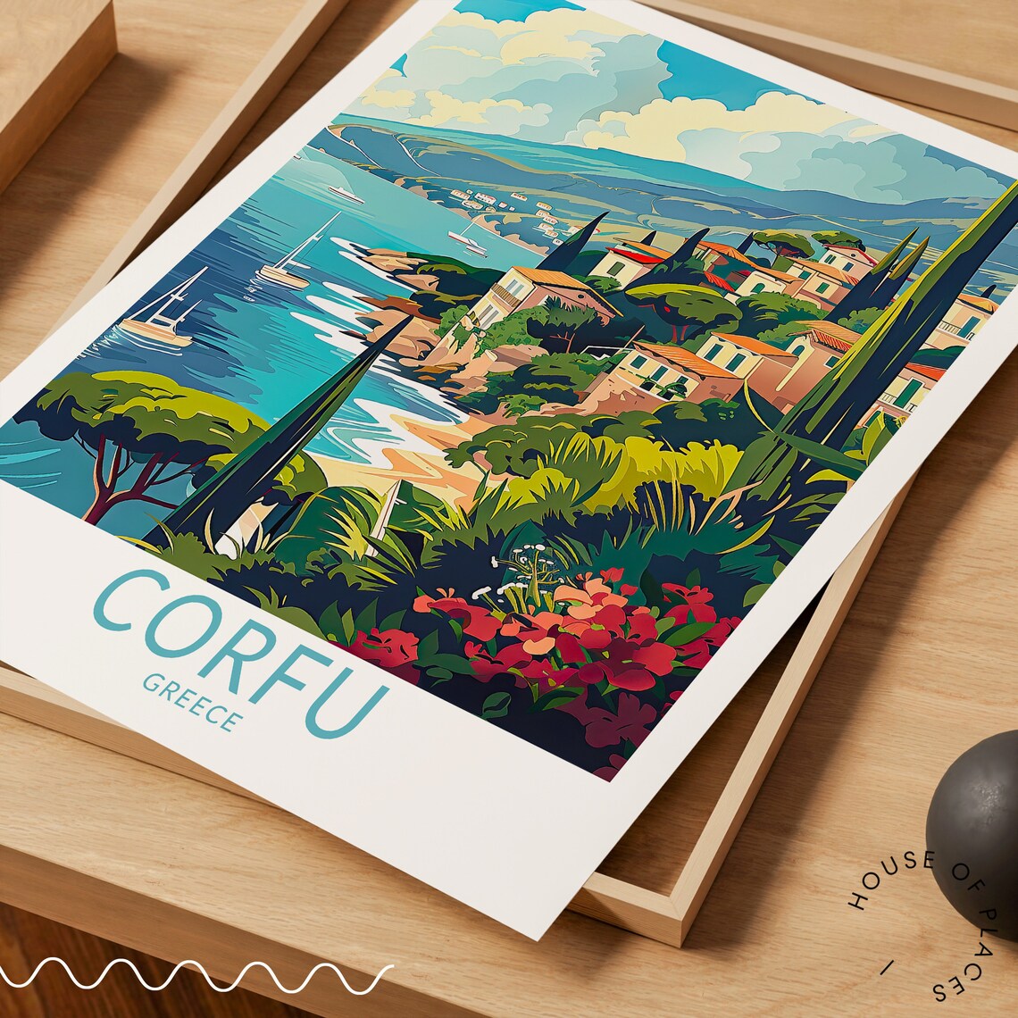 Corfu Greece Hillside Village Bay Cypress Trees Travel Poster - Image 3