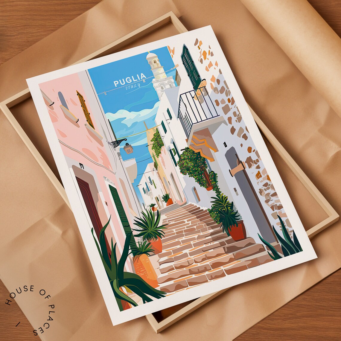 Colorful Puglia Italy Old Town Stone Steps Bell Tower Travel Poster - Image 2