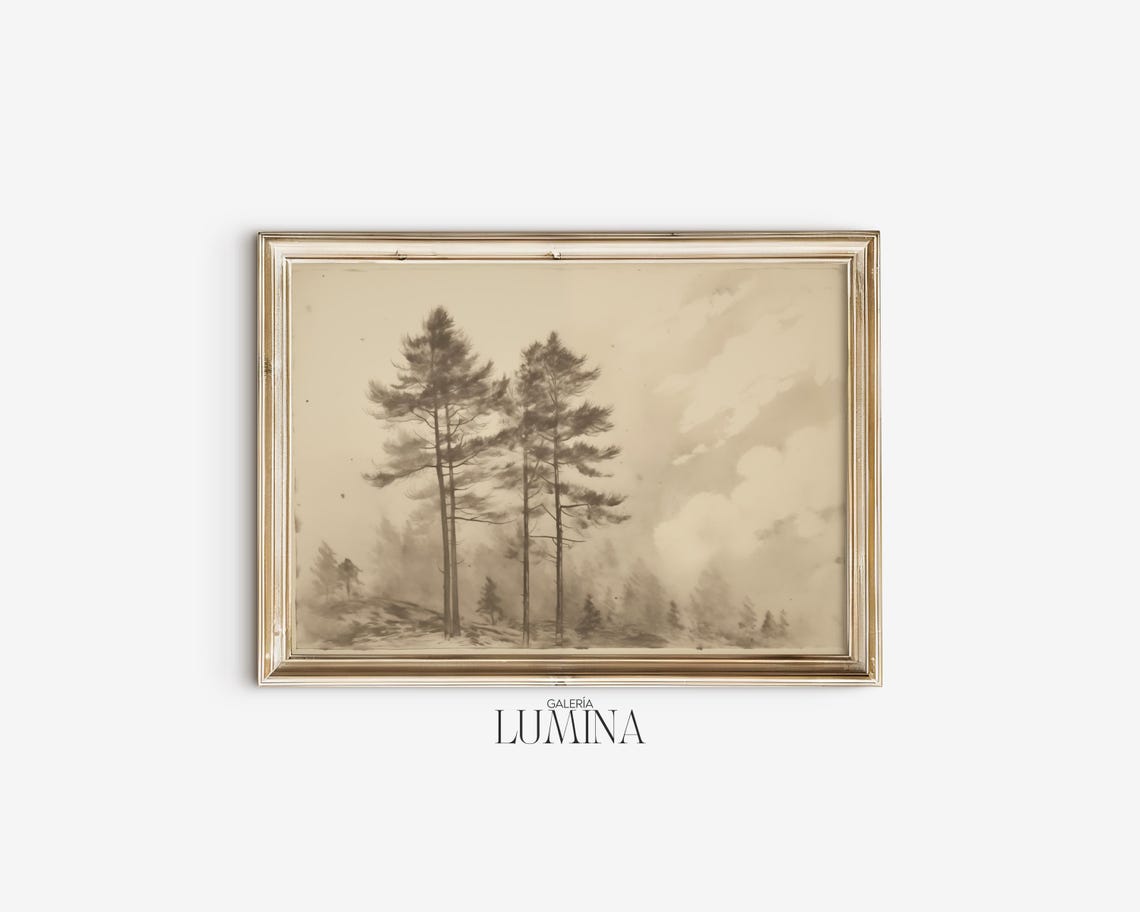 Pine Tree Lithographic Drawing Pine Tree Sketch Drawing Vintage Rustic Tree Sketch Neutral Tree Print Art Frame Tv Art 520 - Image 2