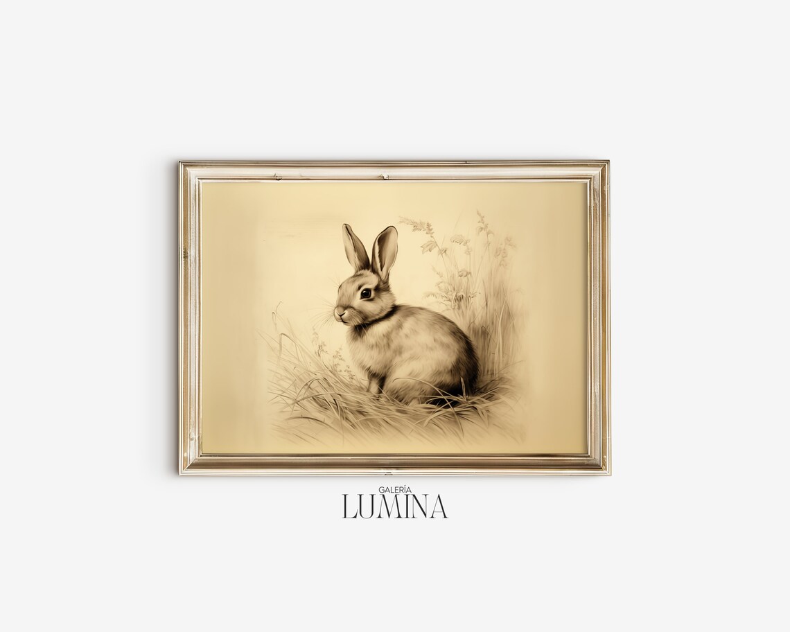 Vintage Rabbit in Grass Sepia Nursery Bunny Illustration Poster - Image 2