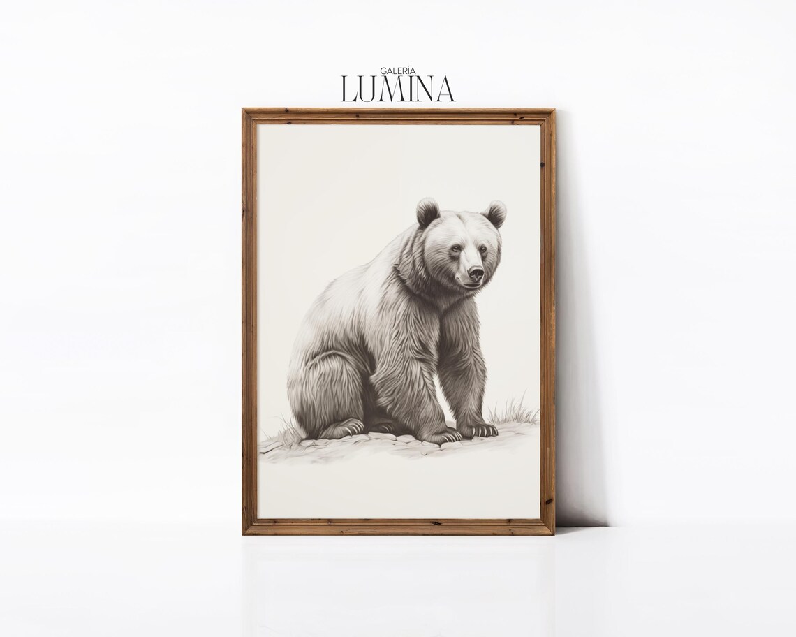 Sitting Grizzly Bear Pencil Drawing Minimalist Wildlife Sketch Poster - Image 3