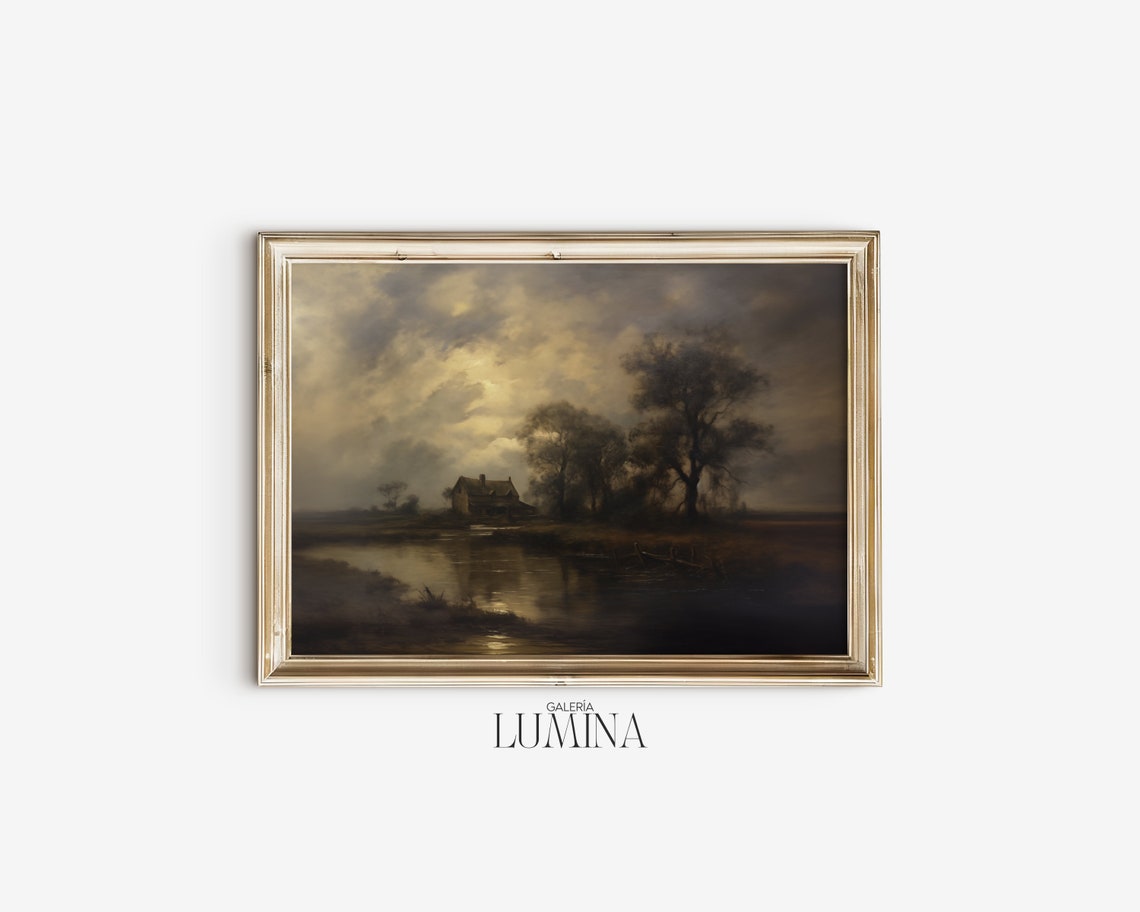 Vintage Moody Lake Landscape Painting Dark Scenery Oil Painting Rustic Print Antique Country Wall Art Art Frame Tv Art 177 - Image 2
