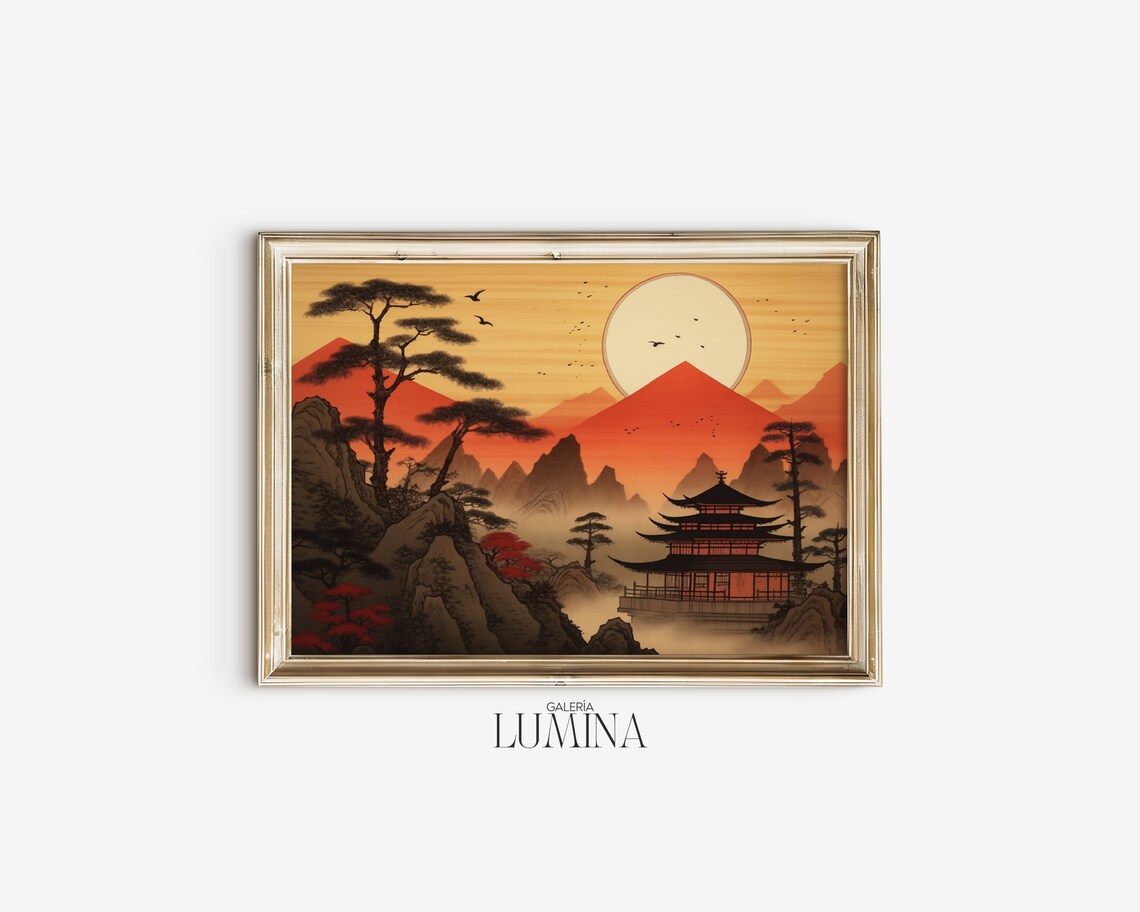 Japanese Woodblock Pagoda Temple Mountain Sunset Red Moon Poster - Image 2