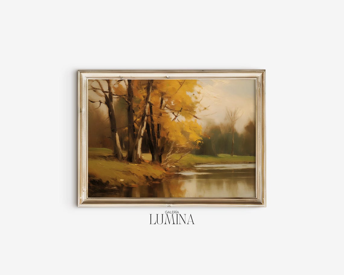 Golden Autumn Trees by the River Vintage Fall Landscape Poster - Image 2