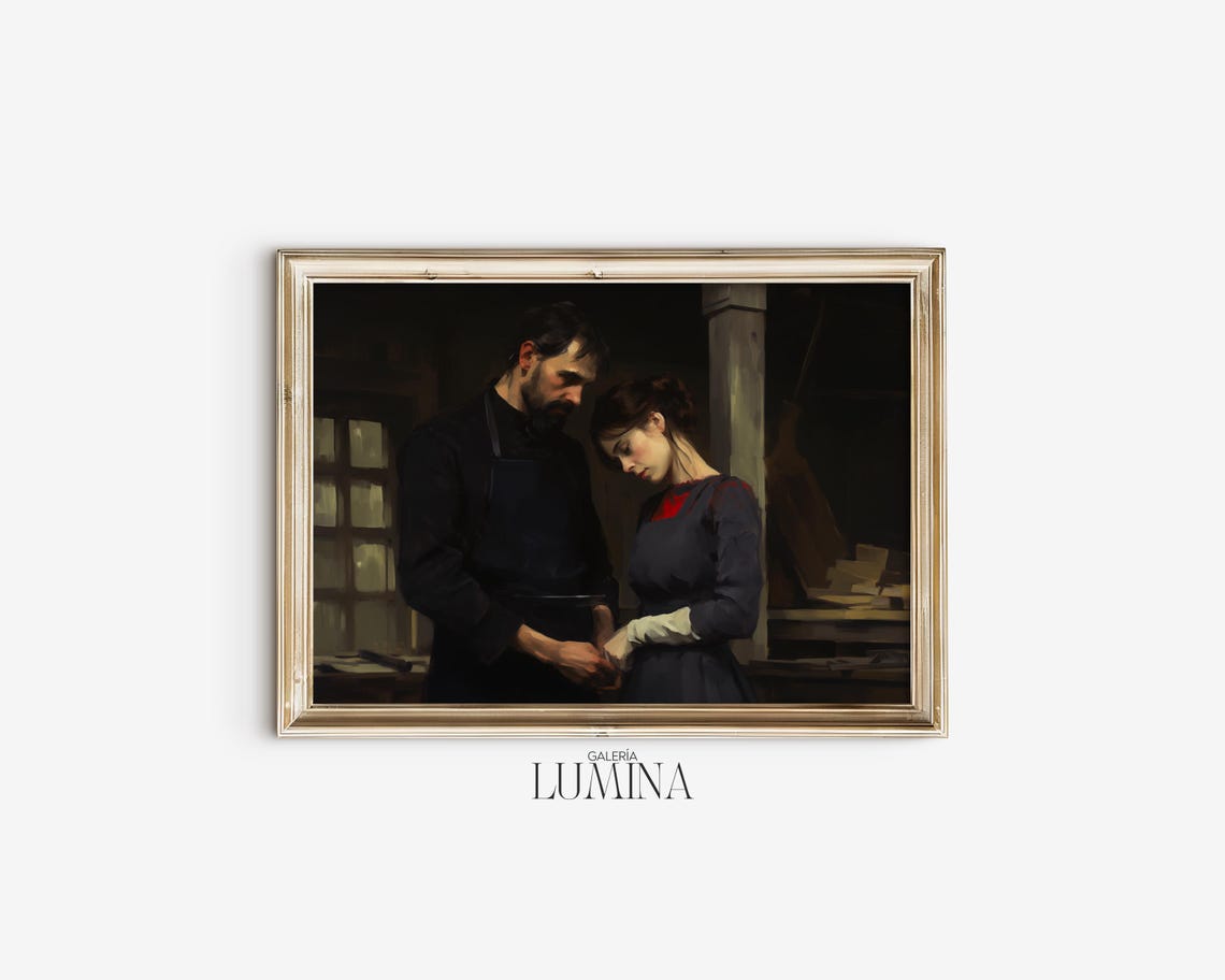 Romantic Couple Craftsman And Woman Dark Figurative Painting Poster - Image 2