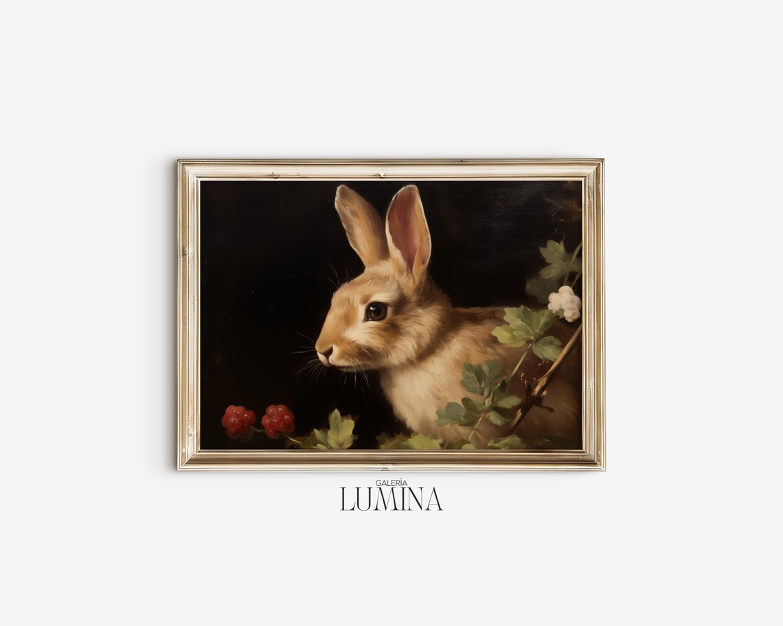 Brown Bunny Rabbit with Berries Dark Vintage Oil Painting Poster - Image 2