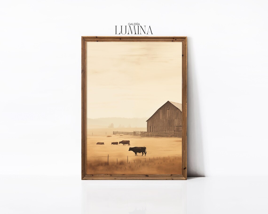 Vintage Rural Farm Oil Painting Minimalist Barn Painting Rustic Country Landscape Painting Cows Print Art Frame Tv Art 636 - Image 3
