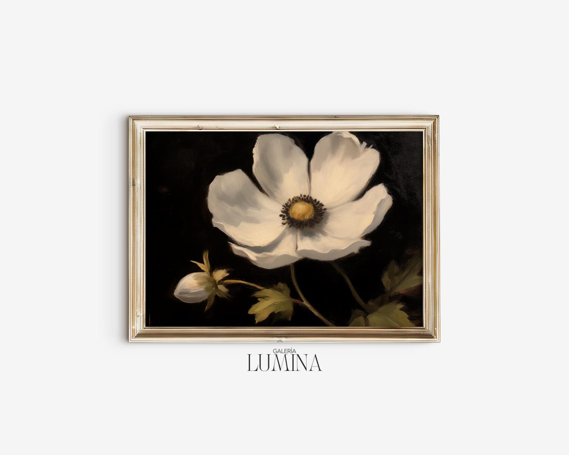 White Anemone with Bud on Black Dark Floral Oil Painting Poster - Image 2