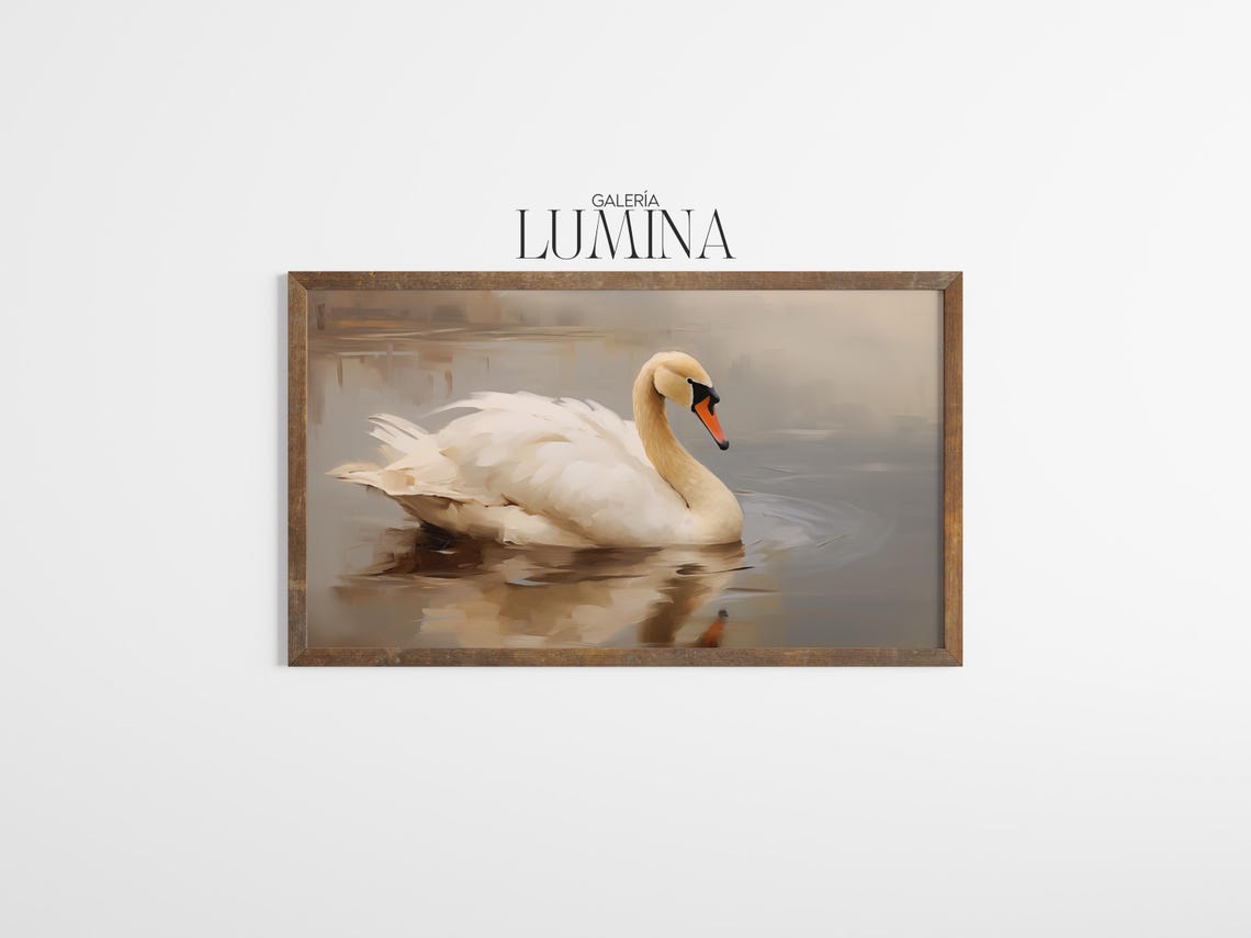 White Swan on Misty Water Minimalist Oil Painting Art Poster - Image 3