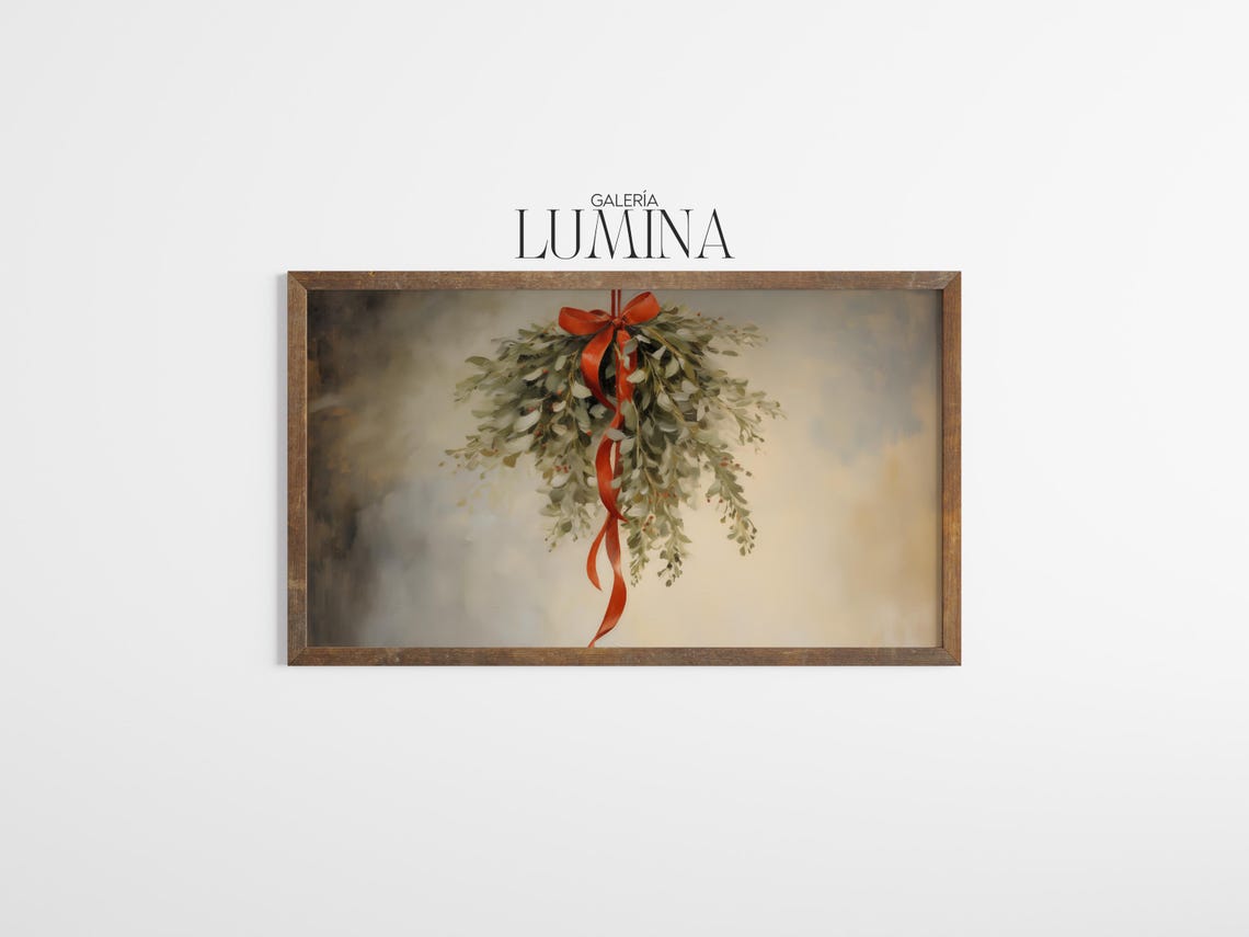 Hanging Mistletoe With a Long Red Ribbon Rustic Christmas Poster - Image 3