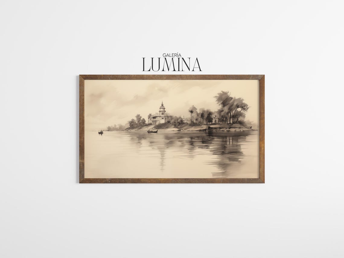 Indian Landscape Sketch Drawing Traditional Scenic Artwork Rustic Indian River Landscape Drawing Art Frame Tv Art 856 - Image 3