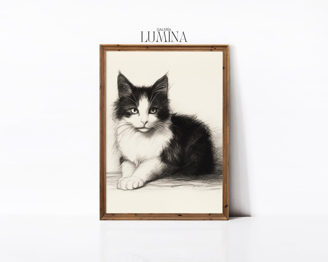 Black and White Cat Portrait Minimalist Sketch Drawing Animal Poster - Image 2