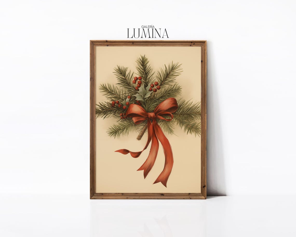 Pine Bough Bouquet With Red Ribbon Vintage Christmas Botanical Poster - Image 2