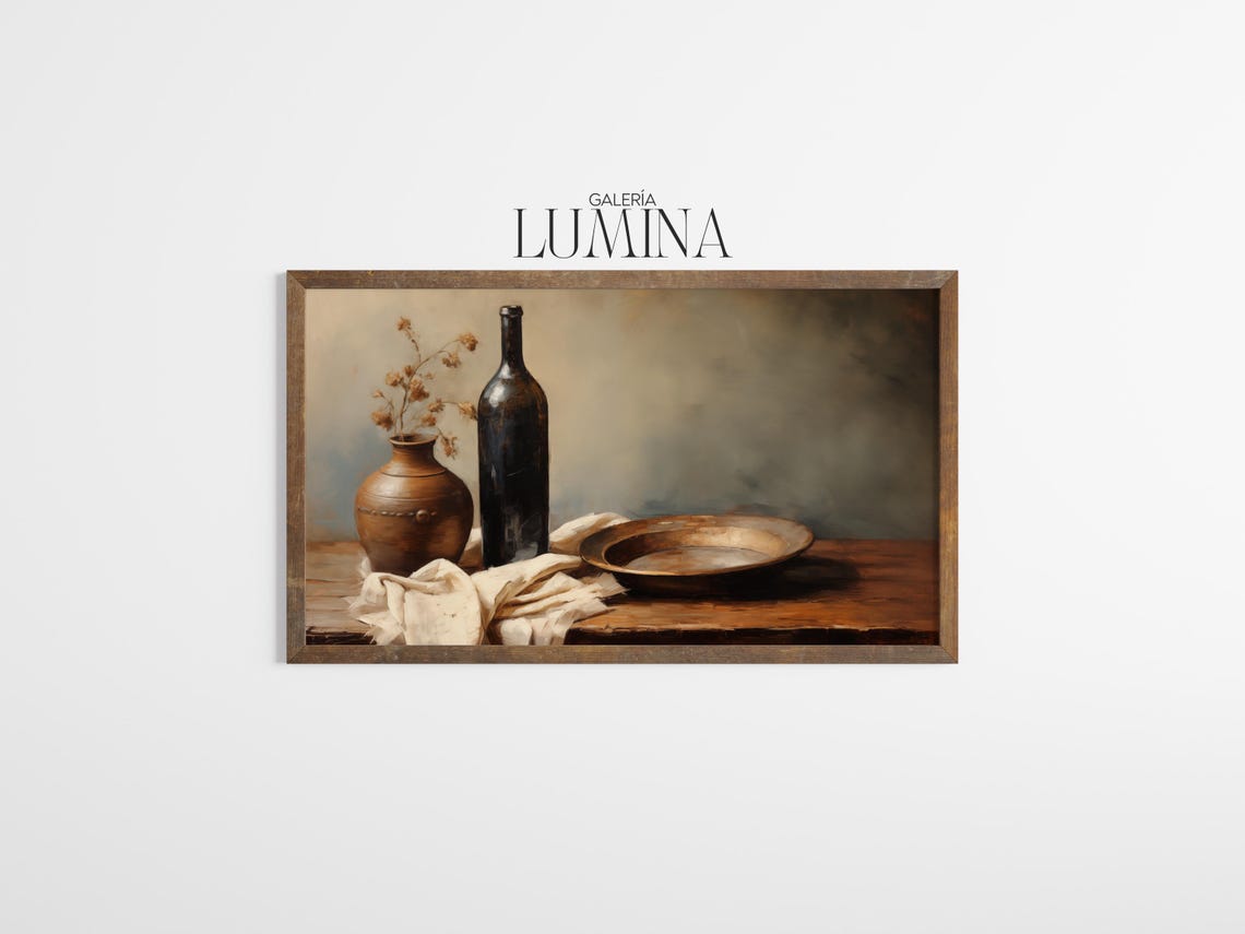 Rustic Still Life Dark Bottle Earthenware Vase Wooden Table Oil Poster - Image 3