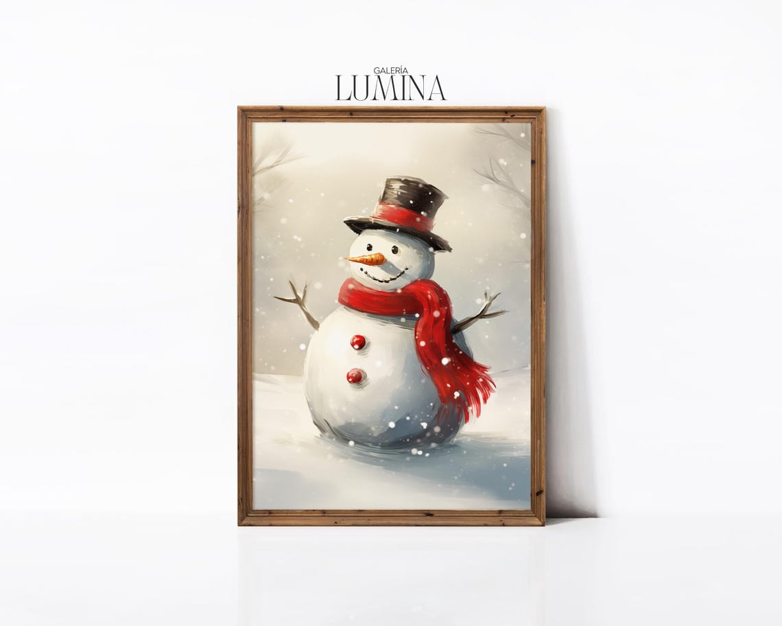 Snowman With Top Hat in a Snowy Forest Vintage Winter Scene Poster - Image 2