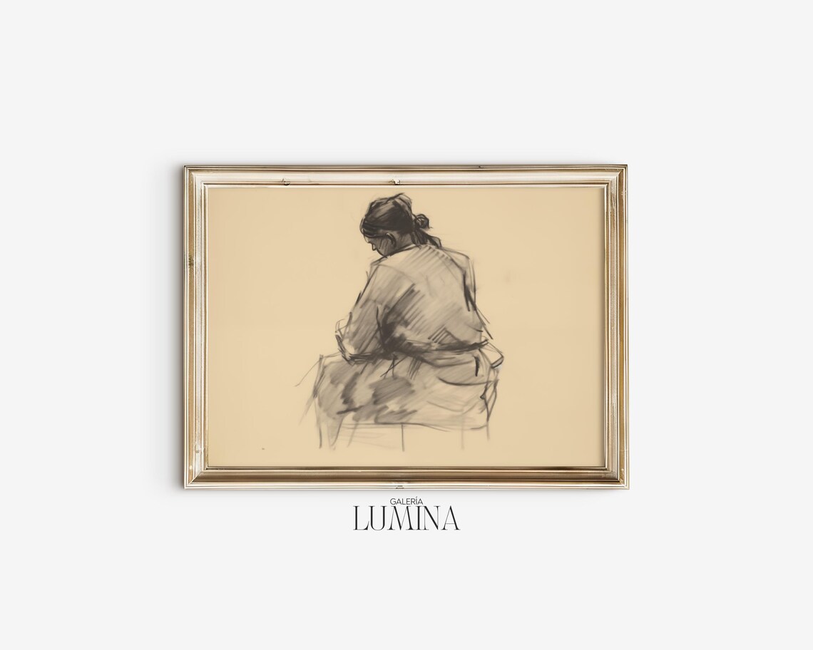 Seated Woman Figure Study Charcoal Sketch Neutral Minimalist Art Poster - Image 2