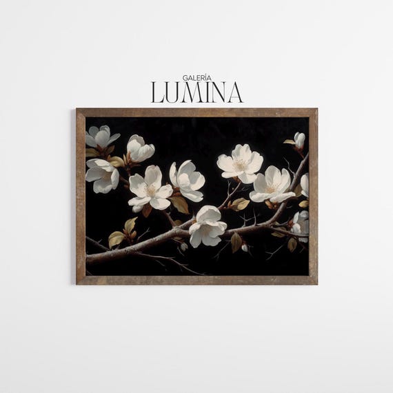White Pomegranate Flowers Oil Painting Floral Still Life Artwork Dark Moody Botanical Flower Painting Art Frame Tv Art 995