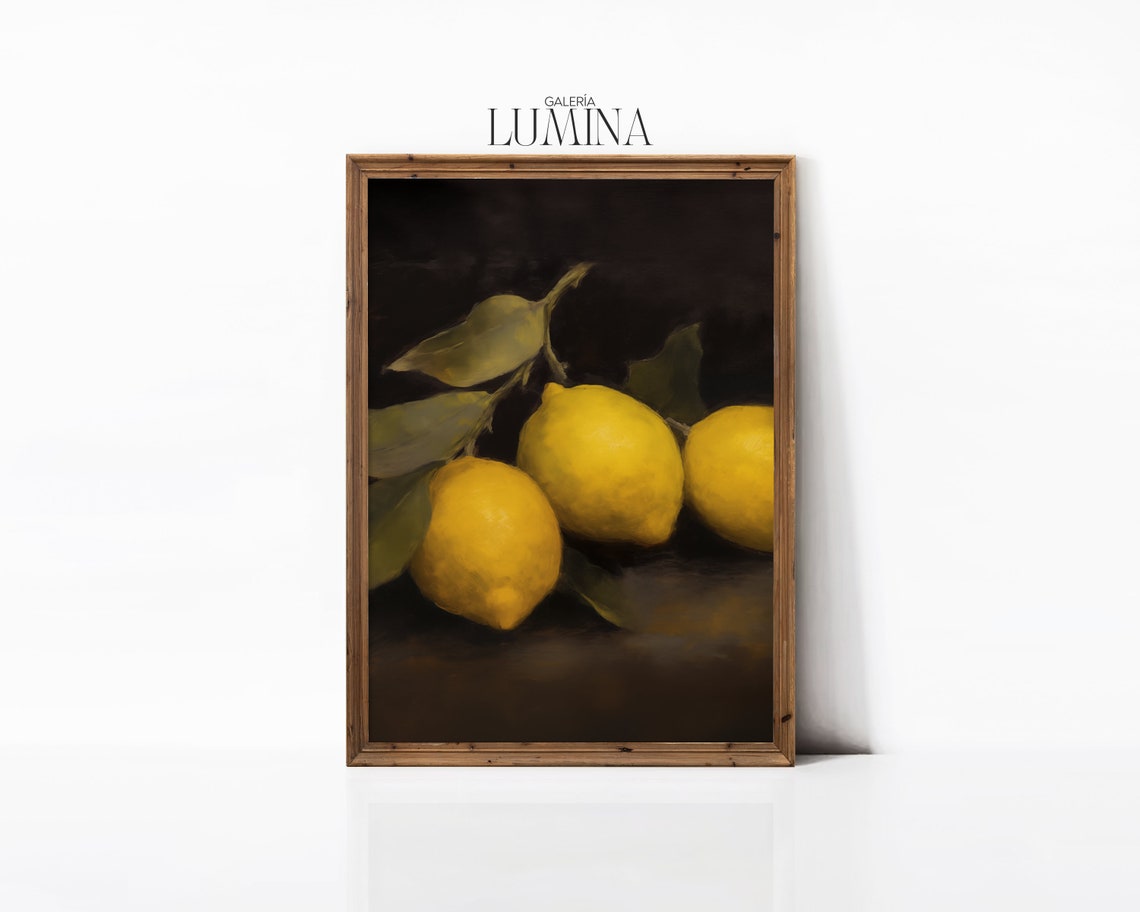 Moody Lemon Oil Painting Vintage Kitchen Still Life Painting Dark Fruit Wall Art French Country Decor Art Frame Tv Art 175 - Image 3