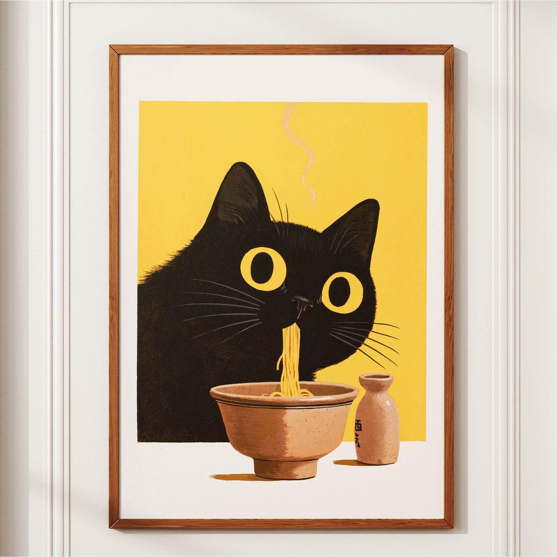 Black Cat Slurping Noodles Yellow Background Cute Foodie Cat Poster