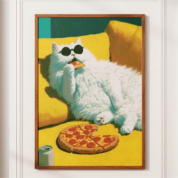 Pizza Cat Poster Funny White In Sunglasses Art Whimsical Kitchen Wall Retro Oil Painting Style Print Quirky Home Decor Paint