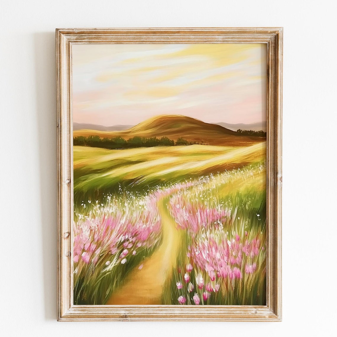 Serene Wildflower Path Golden Hills Sunset Landscape Wall Art