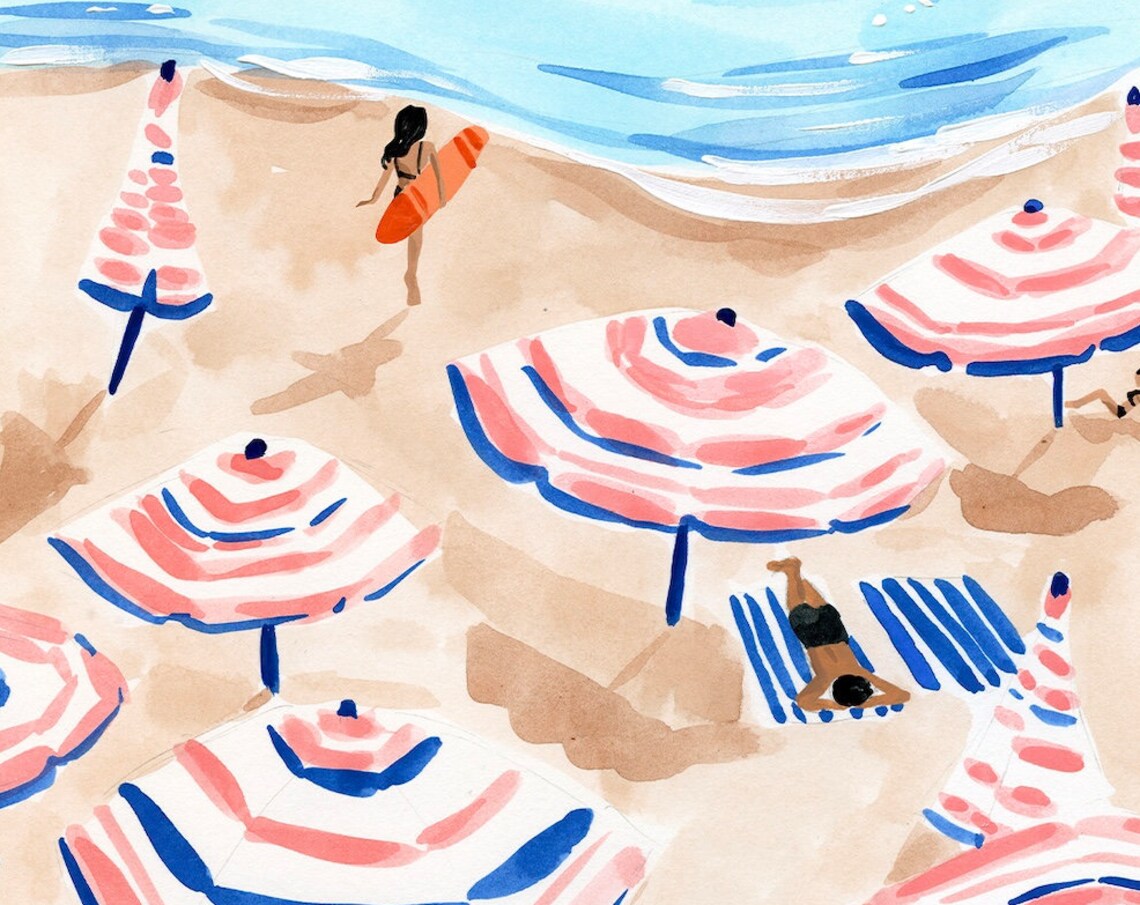 Striped Beach Umbrellas Surfer Summer Coastal Watercolor Travel Poster