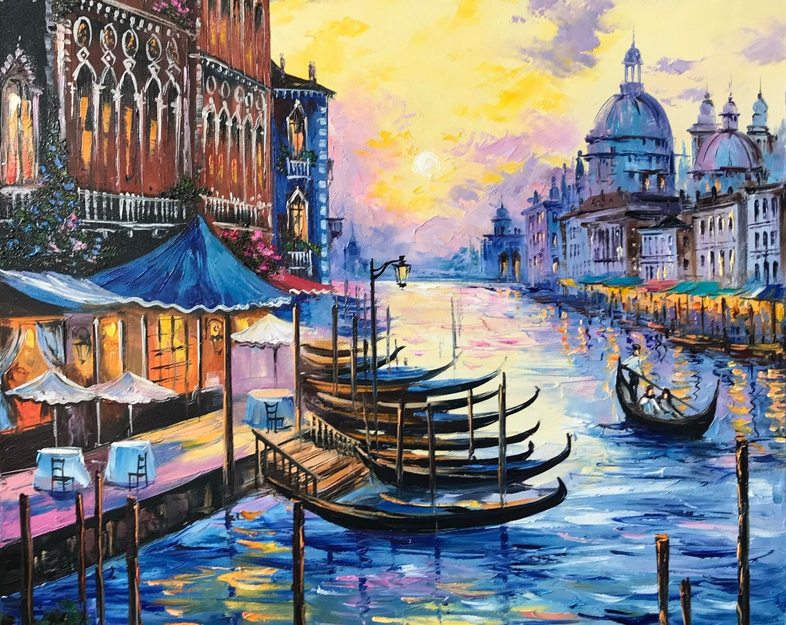 Large Venice Oil Painting Original Italy Art Gondola Oil Painting Venice Artwork Italy Wall Art Gold Sunset In Venice Grand Canal Painting
