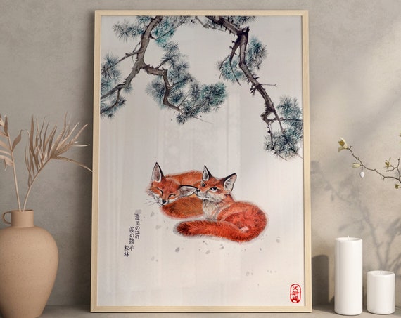 Vintage Japan Watercolor Fox Art Print, Japan Poster