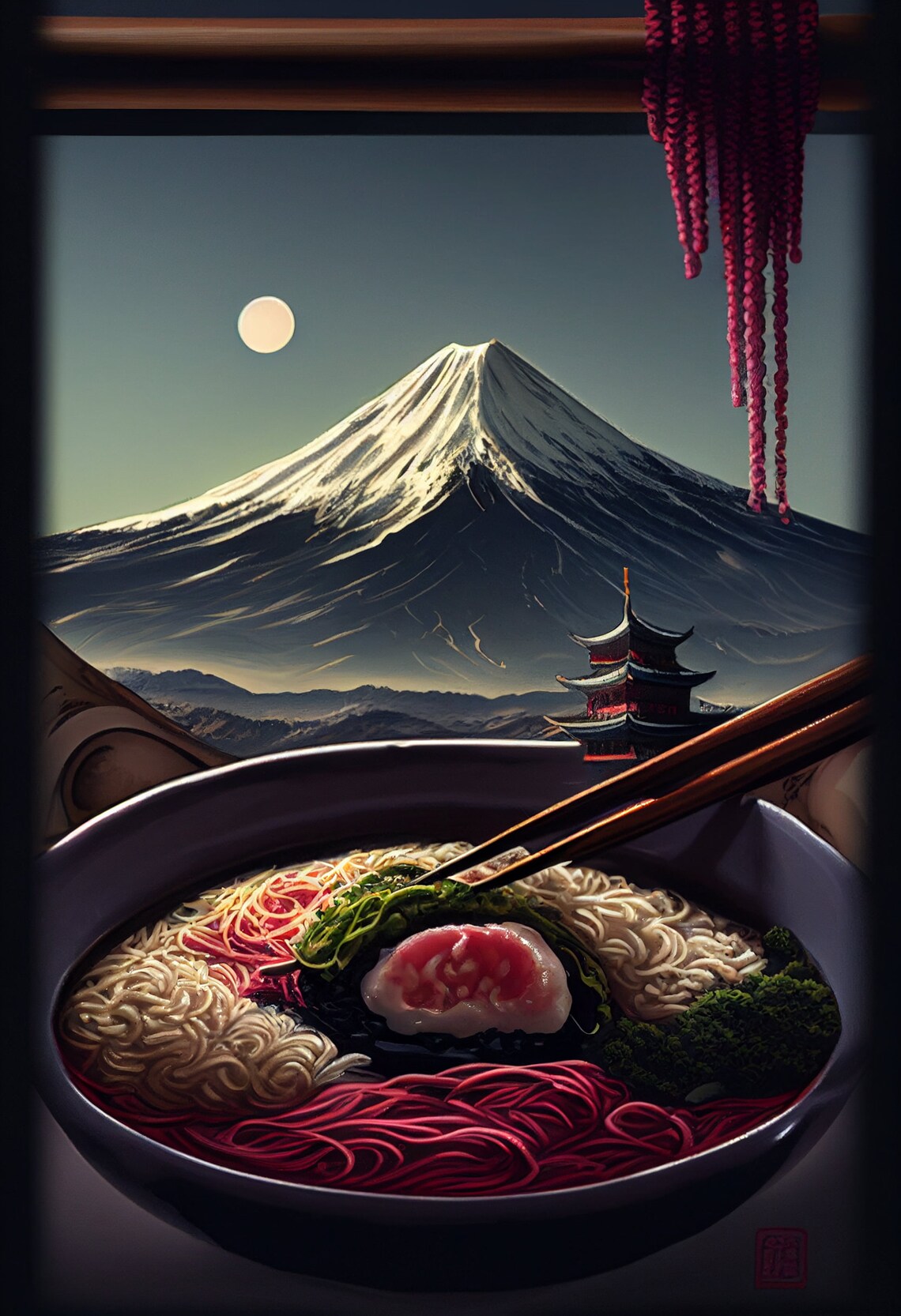 Night Ramen Bowl Mount Fuji Moon Pagoda Moody Japan Art Poster - Image 2