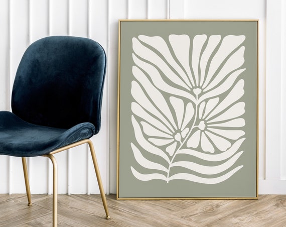 Sage Green Botanical Abstract Flower Print, Japandi