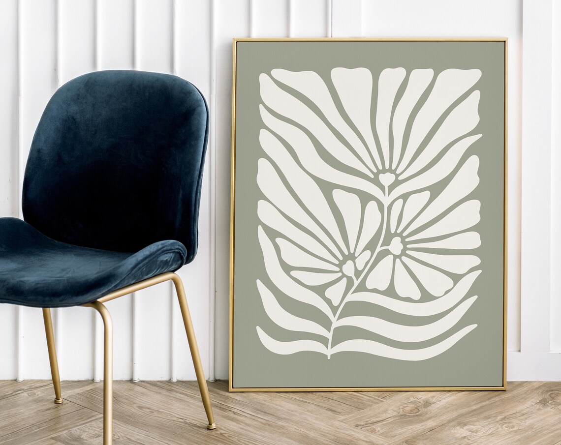 Sage Green Botanical Abstract Flower Print, Japandi