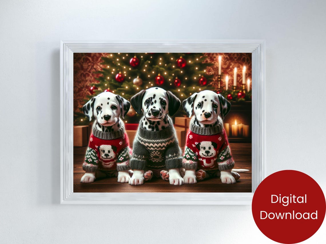 Three Dalmatian Puppies In Christmas Sweaters Holiday Tree Poster - Image 2