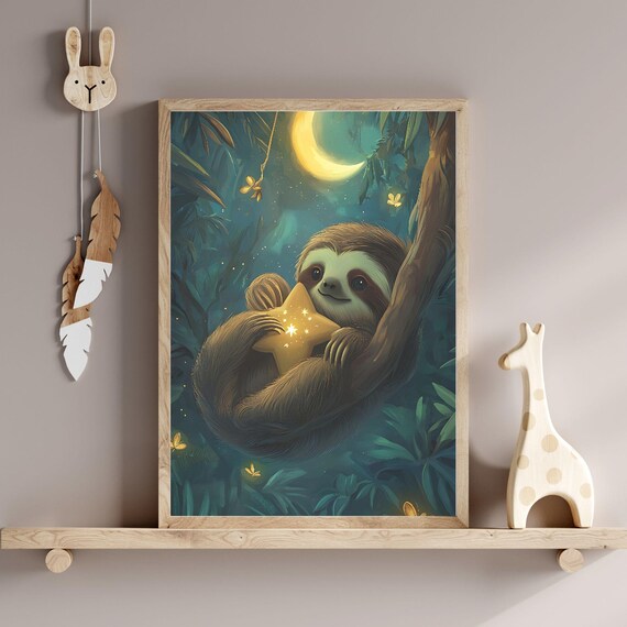 Sleepy Baby Sloth Glowing Star Pillow Moonlit Jungle Nursery Poster