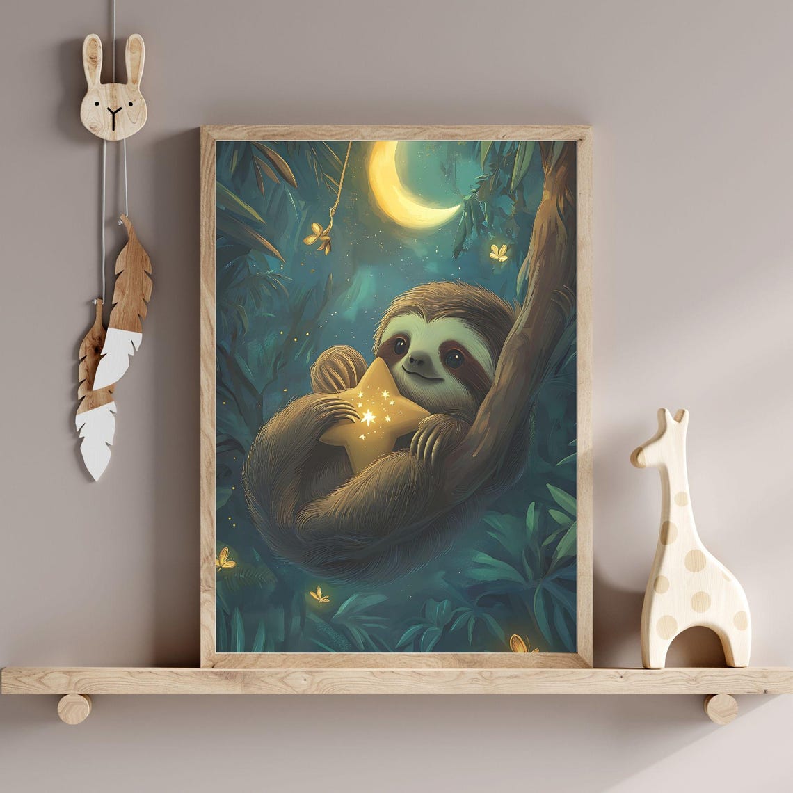Sleepy Baby Sloth Glowing Star Pillow Moonlit Jungle Nursery Poster