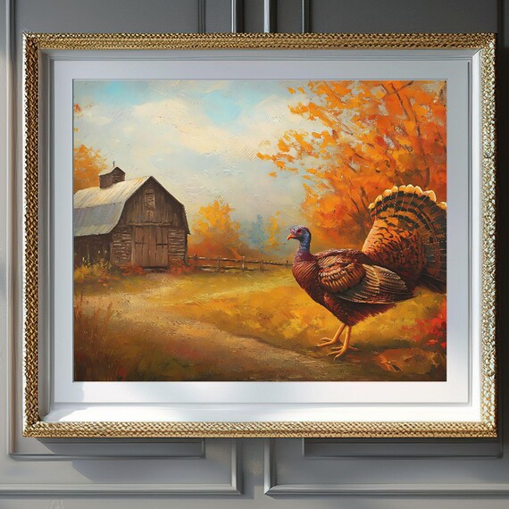 Rustic Turkey Autumn Farm Acrylic Painting Fall Harvest Barn Scene Poster