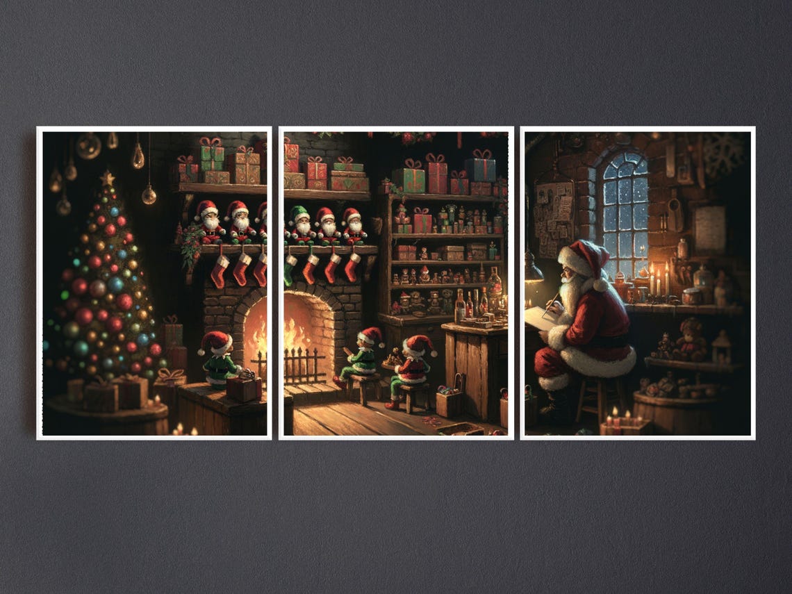 Santas Workshop Elves Fireplace 3 Piece Triptych Christmas Poster