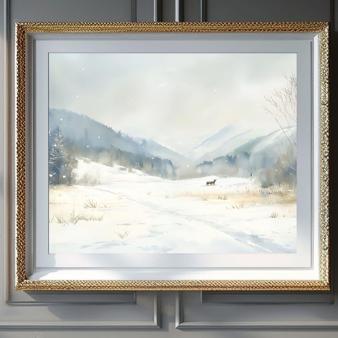 Lone Deer in a Misty Snowy Mountain Valley Watercolor Landscape Poster