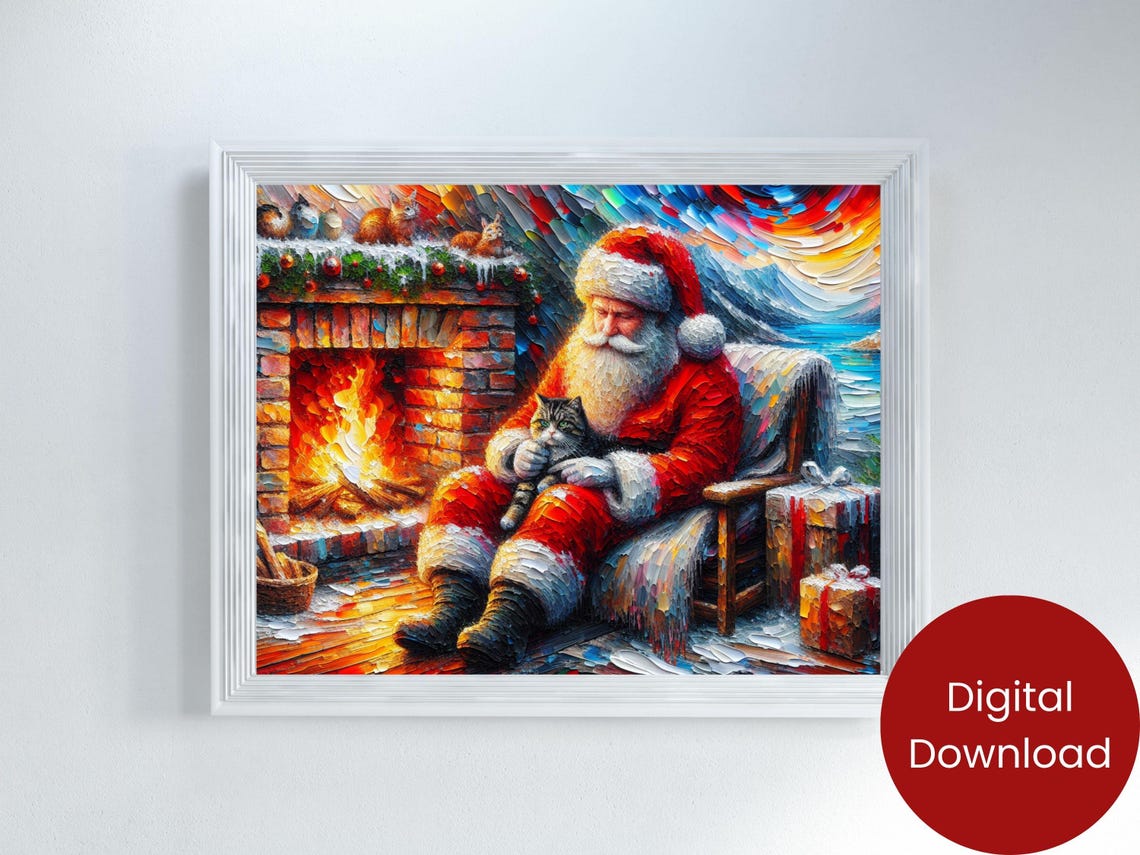 Santa Claus Holding Kitten By Fireplace Palette Knife Art Poster - Image 2