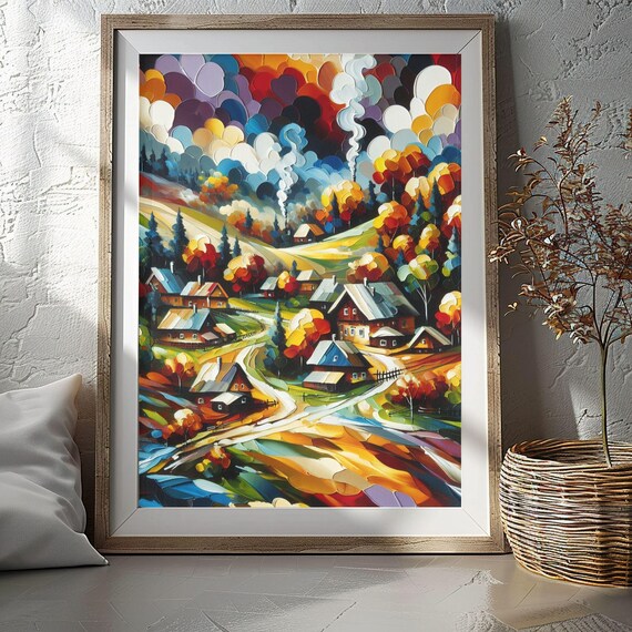 Autumn Village Cottages Fall Foliage Hillside Colorful Poster