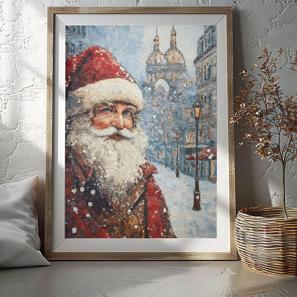 Santa in Snowy Paris Street Impressionist Christmas Art Poster
