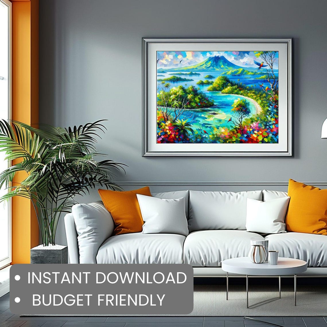 Tropical Island Volcano Parrots Lagoon Vibrant Jungle Poster - Image 2