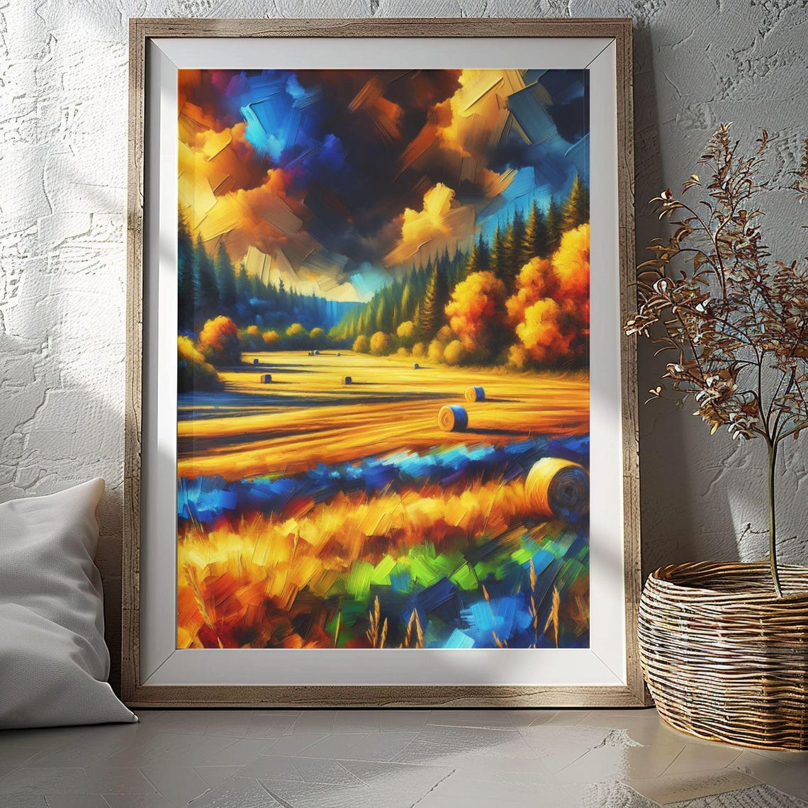 Golden Hay Bale Field Sunset Dramatic Sky Country Art Poster