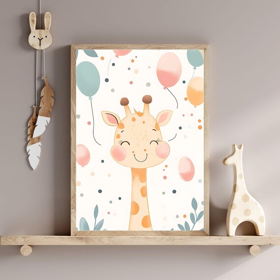 Happy Smiling Giraffe Balloons Confetti Minimalist Nursery Poster