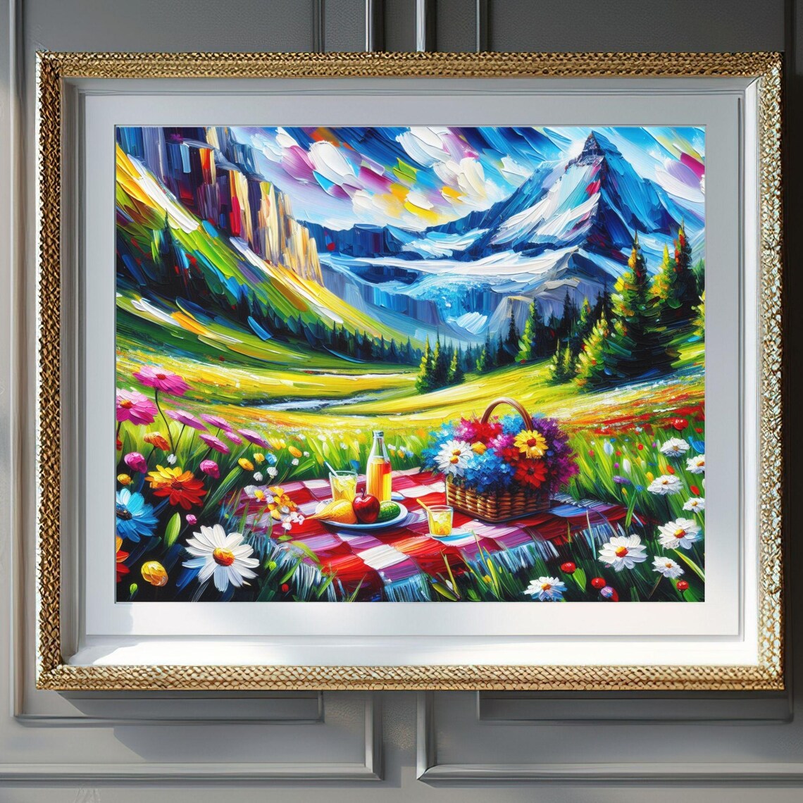 Mountain Meadow Picnic Basket Wildflowers Peaks Scenic Poster