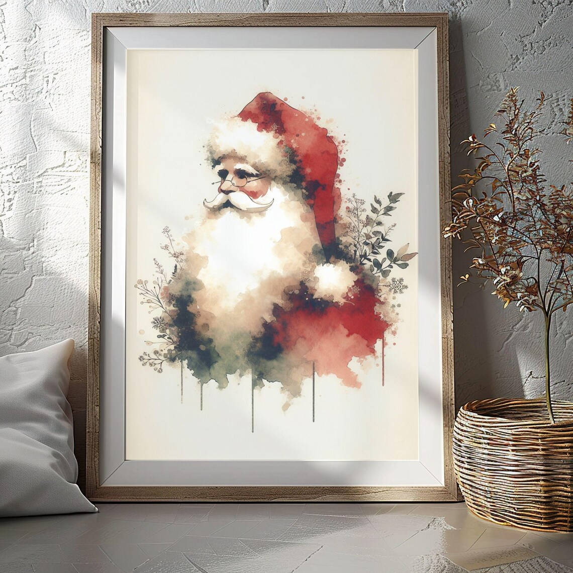 Santa Claus Red Watercolor Splash Holiday Botanical Christmas Poster