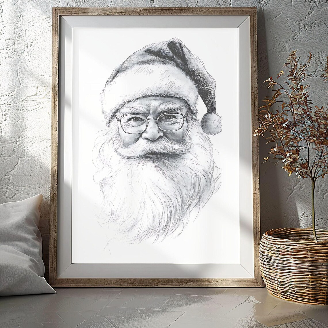 Santa Claus With Glasses Pencil Sketch Portrait Festive Drawing Poster