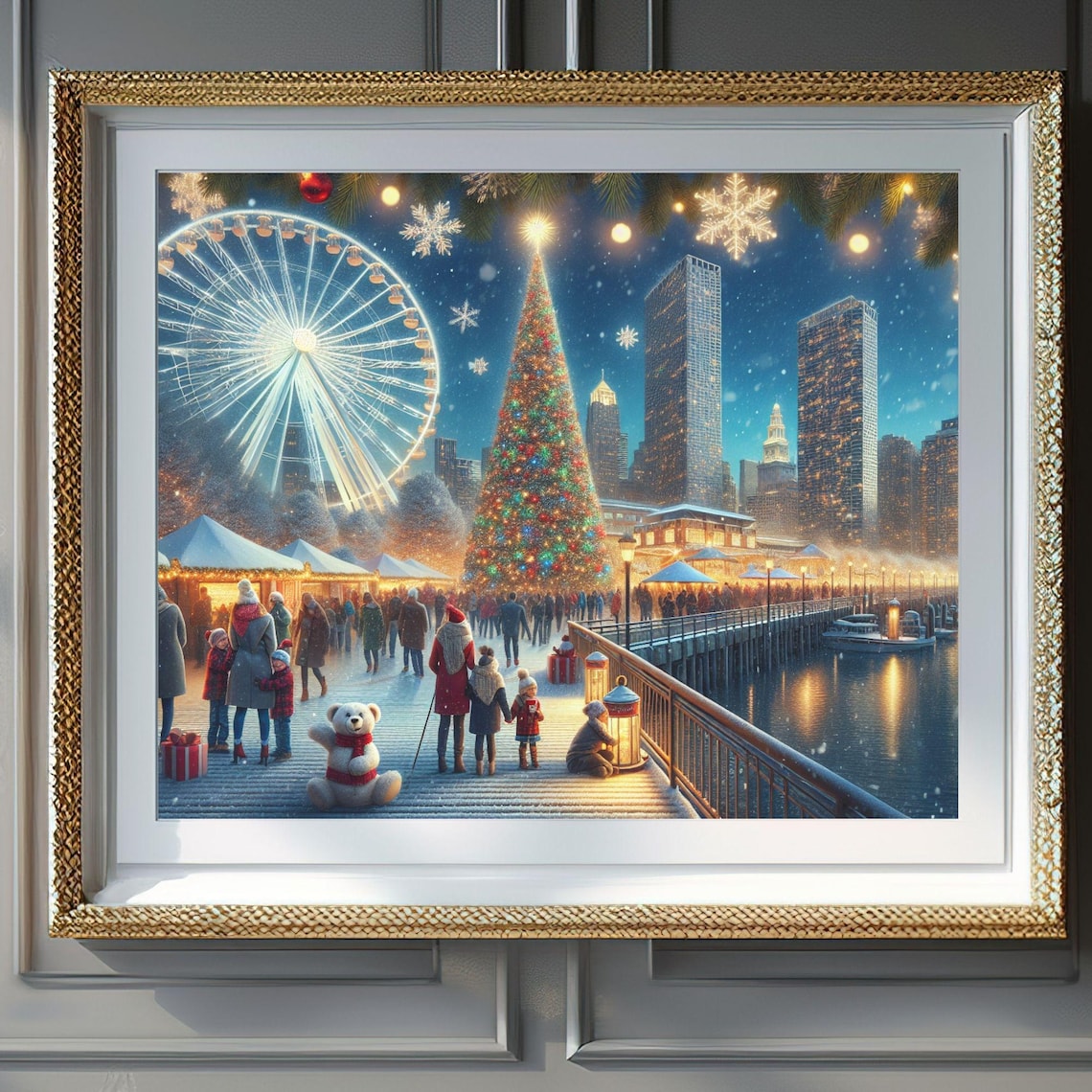 Christmas At Navy Pier Chicago Ferris Wheel Holiday Market Poster