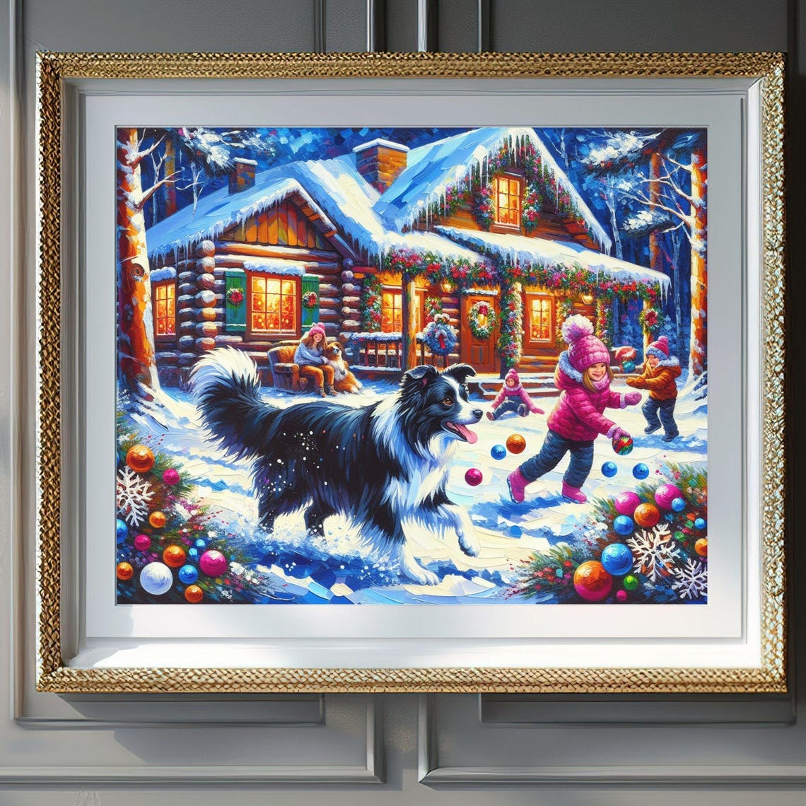 Border Collie Kids Christmas Snow Play Log Cabin Festive Poster