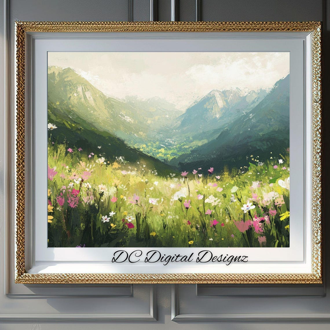 Impressionist Alpine Wildflower Meadow with Green Peaks Poster
